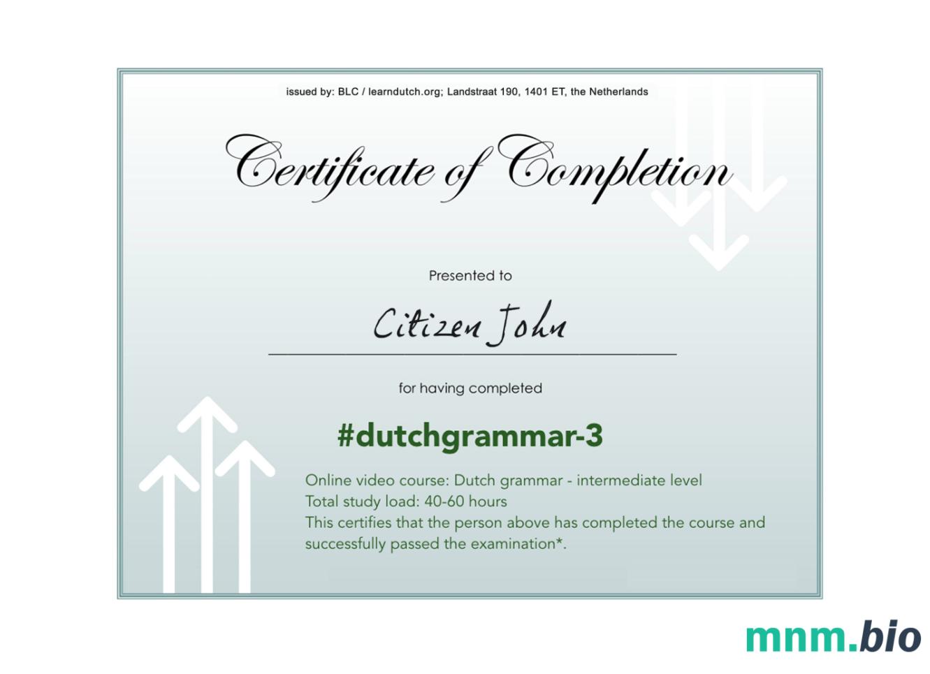 Netherlands language grammar certyfikat of completion PSD sample, completely editable